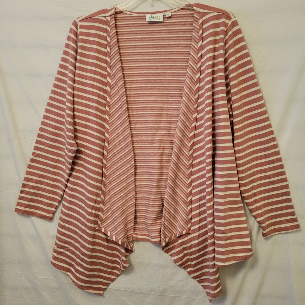 D&CO Active L Sweater Cardigan Open Front Pinkish Brown Striped Knit Longsleeve